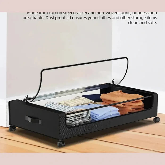 rolling under-bed storage bins with lid showcasing premium material and contents visible through the clear lid.