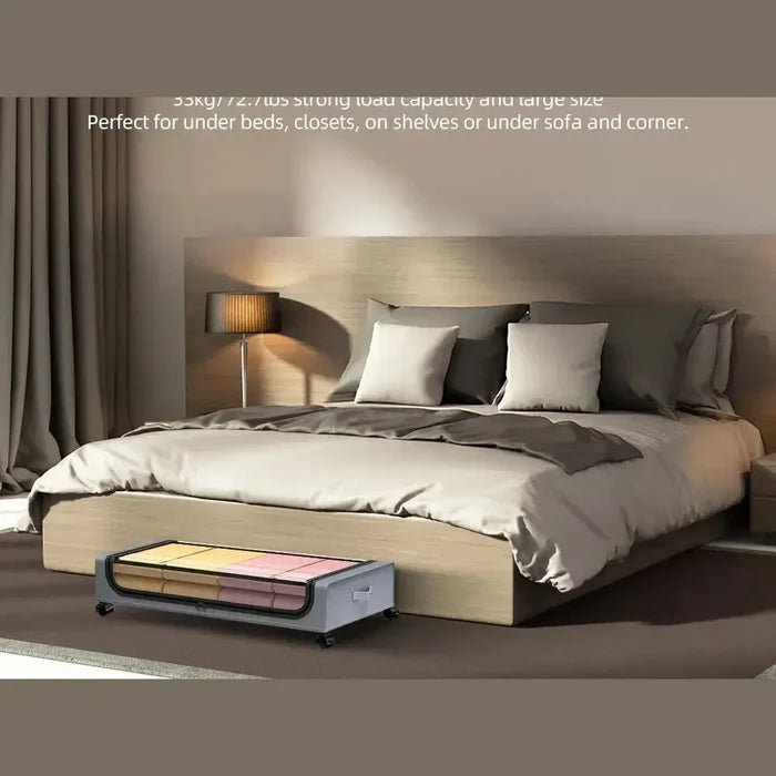 Rolling under-bed storage bins with lid displayed under a bed, showcasing large capacity and convenient wheels.