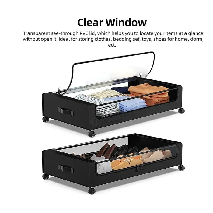 Rolling under-bed storage bins with lid showcasing clear windows and contents like clothes and shoes.