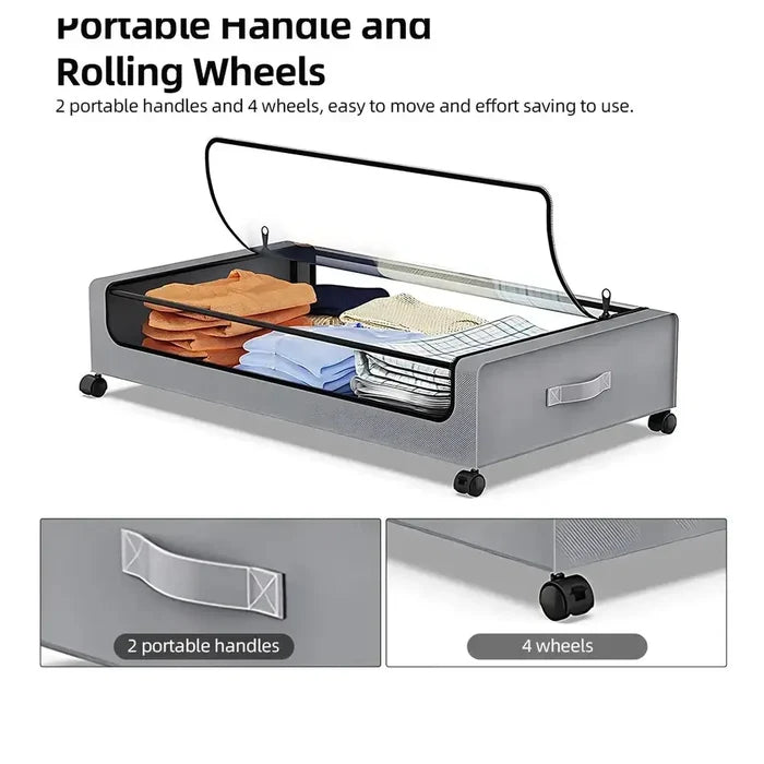 Rolling under-bed storage bins with lid featuring portable handles and rolling wheels for easy access.