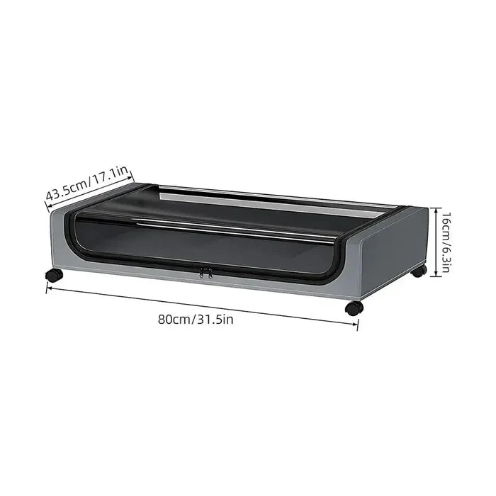 Rolling under-bed storage bins with lid, dimensions shown in cm and inches, grey and black design.