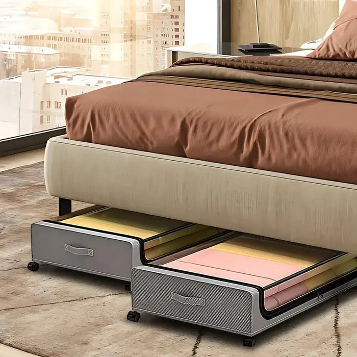 rolling under-bed storage bins with lid placed under a bed in a stylish bedroom setting.