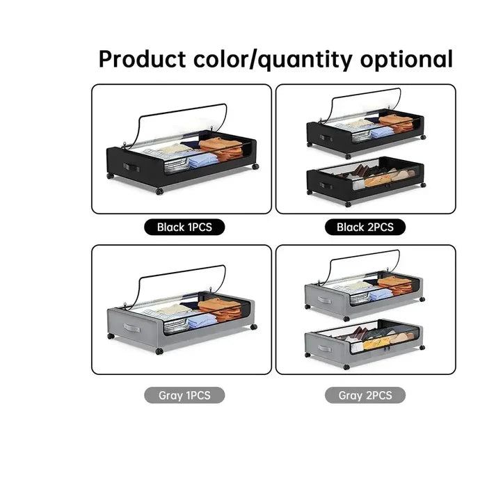 Rolling under-bed storage bins with lid in black and gray options displayed with various quantities.