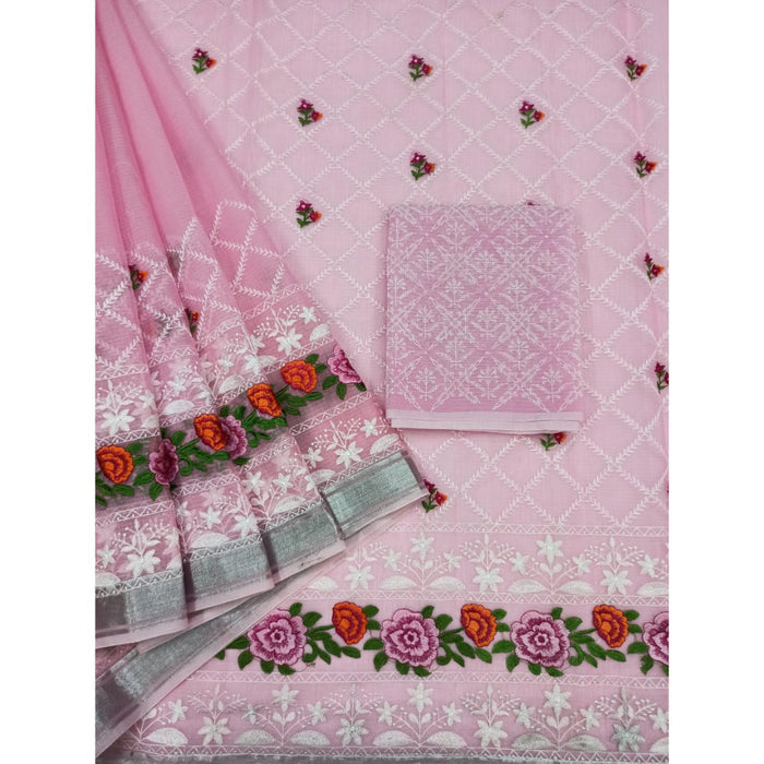 Pure Cotton Kota Doria Chikenkari Pink Saree with blouse Handcrafted-Indiehaat