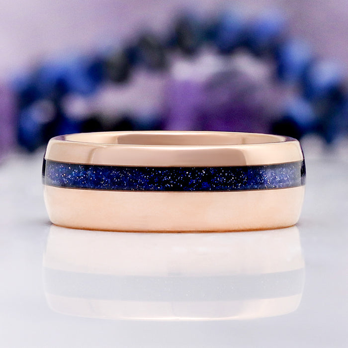 Rose Gold Coffin Cut Galaxy Sandstone Starry Night Couples Ring Set – side profile view