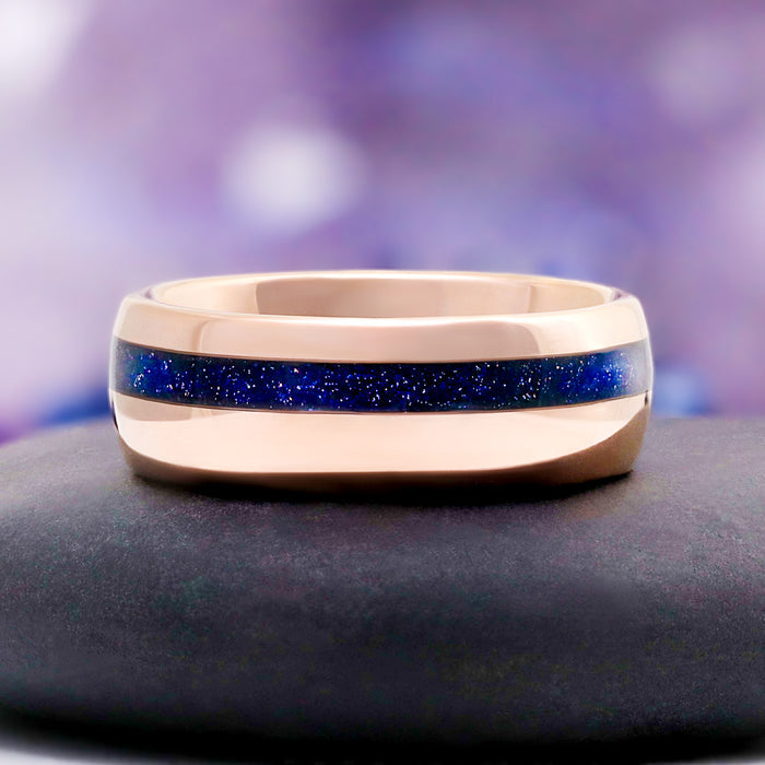 Rose Gold Coffin Cut Galaxy Sandstone Starry Night Couples Ring Set – close-up detail