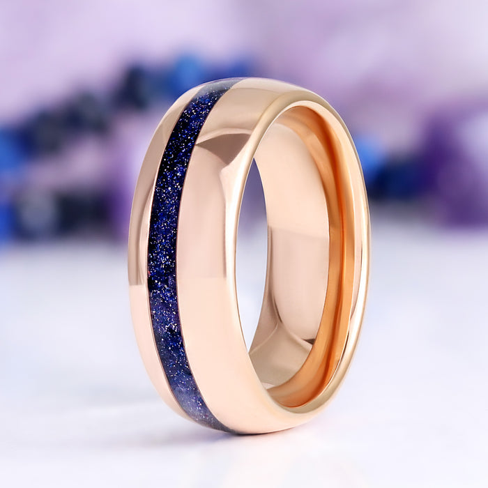 Rose Gold Coffin Cut Galaxy Sandstone Starry Night Men's Ring by Aquamarise, a rose gold band with a sparkling blue sandstone inlay.