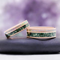 Rose Gold Tungsten Moss Agate & Fire Opal Couples Ring Set by Aquamarise, two rose gold bands inlaid with green moss agate and white fire opal.