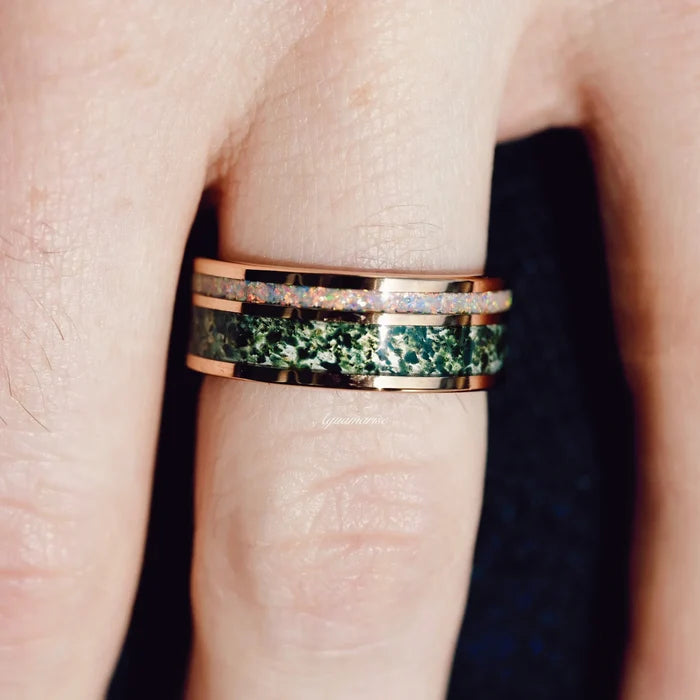 Moss Agate & Fire Opal Couples Ring Set by Aquamarise featuring a band with green moss agate inlay and fire opal sparkle accents, symbolizing love in Matching Couples' Rings collection.