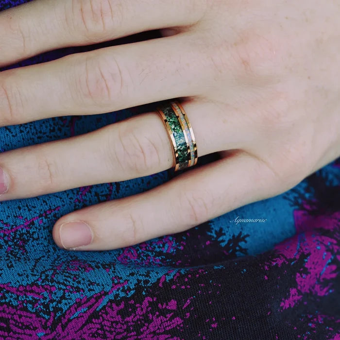 Moss Agate & Fire Opal Couples Ring Set by Aquamarise featuring a polished band with green moss agate and fire opal inlay worn on a hand, representing Matching Couples' Rings collection.