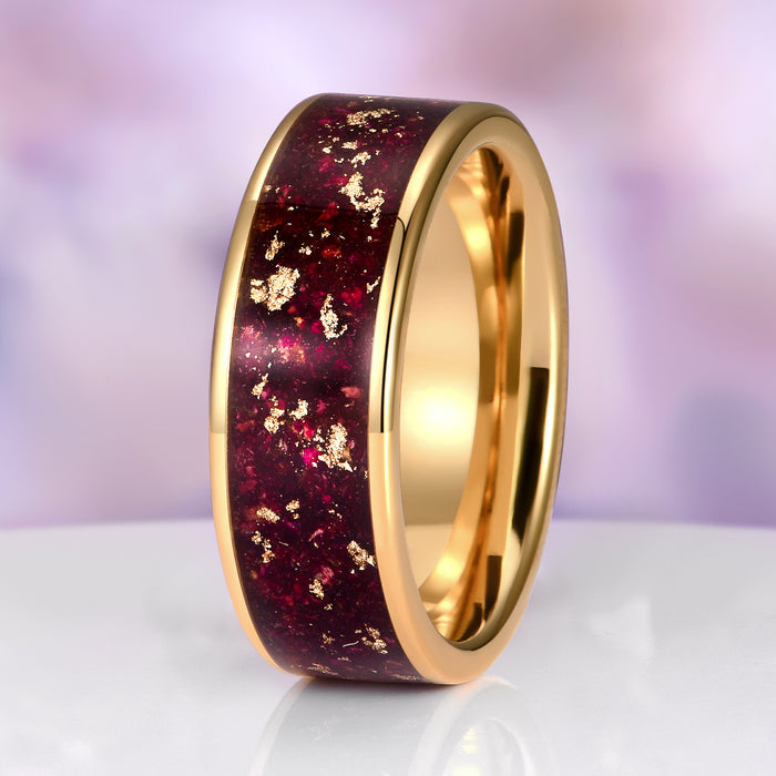 Rose Petal Wedding Band in Yellow Gold Tungsten Carbide (8mm) by Aquamarise, featuring a rich red inlay with genuine rose petals and shimmering gold leaf accents, set in a polished yellow gold tungsten carbide band, part of Men’s Wedding Bands and Inlay Wedding Bands collections.