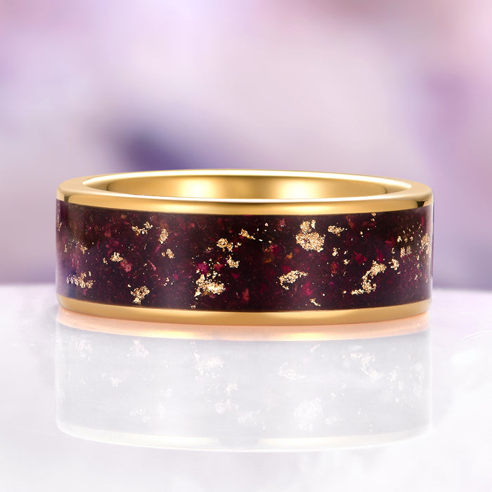 Rose Petal Wedding Band in Yellow Gold Tungsten Carbide (8mm) by Aquamarise, featuring a vibrant inlay of genuine rose petals and gold leaf within a polished yellow gold tungsten carbide band, part of Men’s Wedding Bands and Inlay Wedding Bands collections.