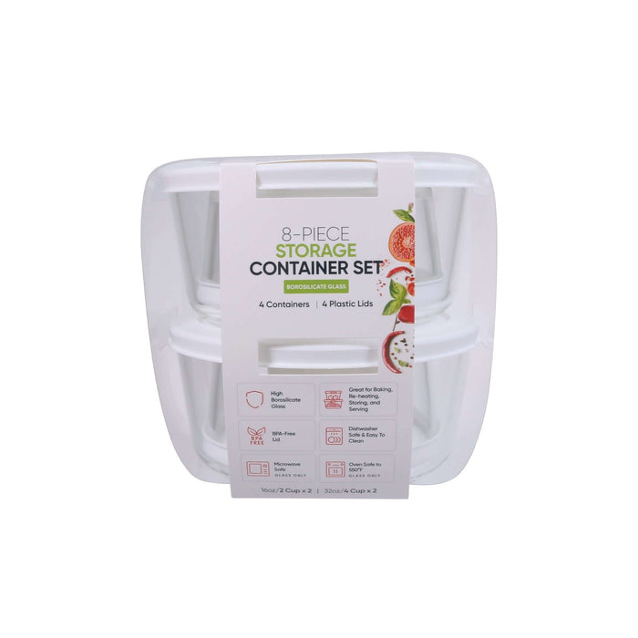 8 Piece Set (2 X 2 Cup / 16Oz & 2 X 4 Cup / 32Oz) Round Glass Storage Containers With Lids, White-0