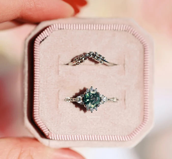 Round Green Moss Agate Ring in Sterling Silver by Aquamarise featuring a detailed green moss agate center with surrounding delicate diamond accents in a soft pink velvet box.
