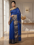 Royal blue Maheshwari silk saree with small gold buti across the body and a wide gold zari border, handwoven in Maheshwar