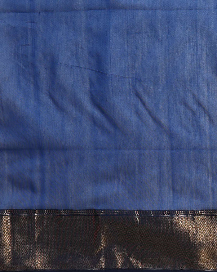 Royal blue Maheshwari silk saree with small gold buti across the body and a wide gold zari border, handwoven in Maheshwar