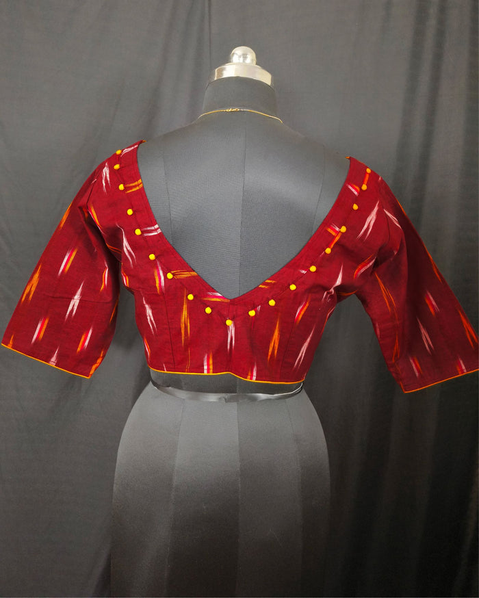 Pure Cotton Blouse Ruby Red Color Ikkat Design - IndieHaat