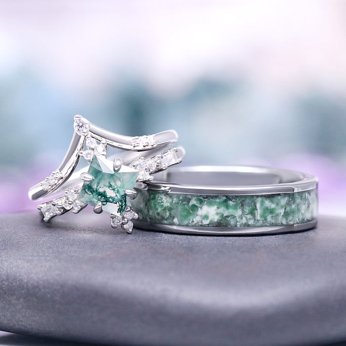 Princess Cut Moss Agate Engagement Ring Set in 14K White Gold by Aquamarise Gold, showcasing a unique moss agate center with diamond accents, perfect for nature-inspired engagement rings.