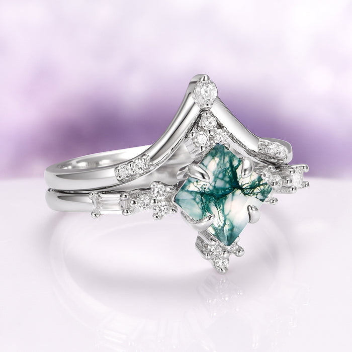 Princess Cut Moss Agate Engagement Ring Set in 14K White Gold by Aquamarise Gold, featuring a unique green moss agate stone with diamond accents in a nature-inspired design.