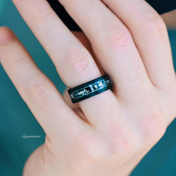 Skye Kite® Galaxy Herkimer Diamond & Meteorite Couples Ring Set by Aquamarise, featuring a faceted black band with sparkling Herkimer diamond and meteorite inlay on a hand.