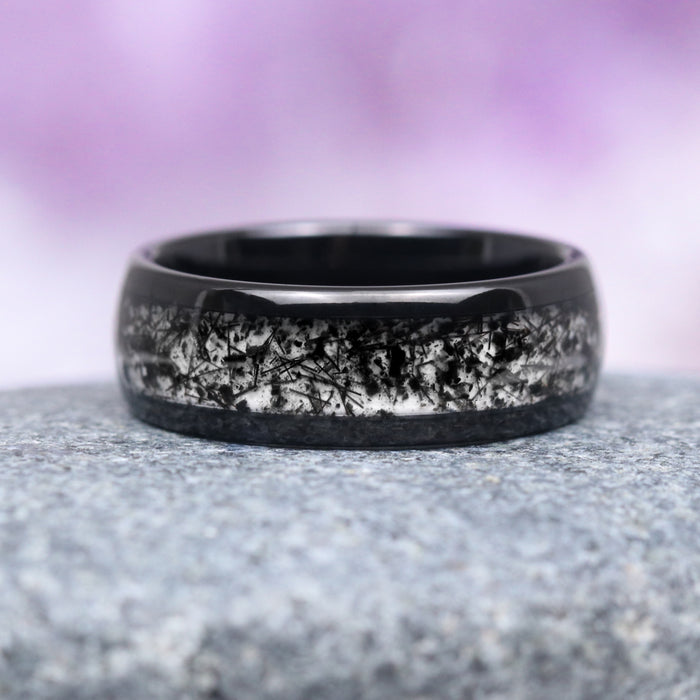 Rutilated Quartz Couples Ring Set featuring a polished black tungsten carbide band with intricate rutilated quartz inlay, crafted by Aquamarise for Matching Couples' Rings and Best Selling Jewelry collections.
