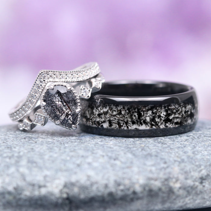 Teardrop Rutilated Quartz Engagement Ring Set- 14K White Gold featuring a unique teardrop-shaped rutilated quartz center with a detailed white gold band, paired with a matching black band inlaid with rutilated quartz, crafted by Aquamarise Gold.