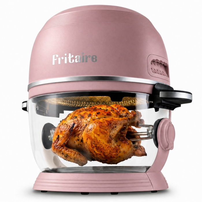 Self-cleaning air fryer in mauve rose, featuring self-cleaning bowl and rotisserie function with a perfectly roasted chicken.