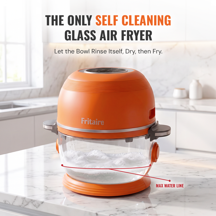 Self-cleaning air fryer showcasing its unique glass bowl with self-cleaning feature and max water line.