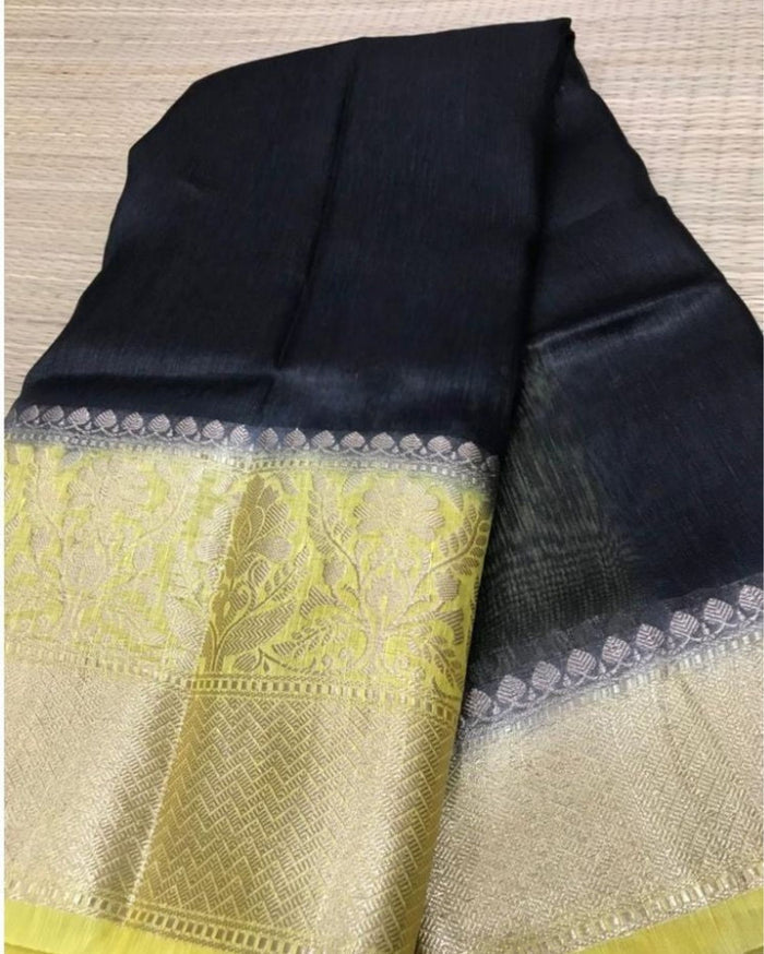 Silk Linen Banarasi Brocade Weaving Handloom Black Saree with Blouse-Indiehaat