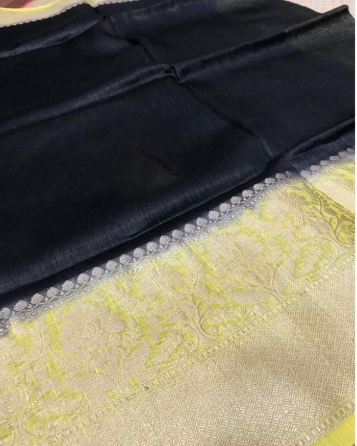 Silk Linen Banarasi Brocade Weaving Handloom Black Saree with Blouse-Indiehaat