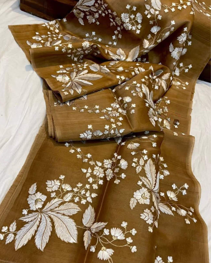 Embroidered Organza Pure Silk Brown Saree for Graceful Styling | Indiehaat