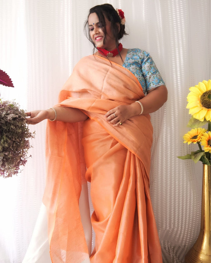 Pure Tissue Linen Hand Dyed Saree – Peach & Orange with Blouse