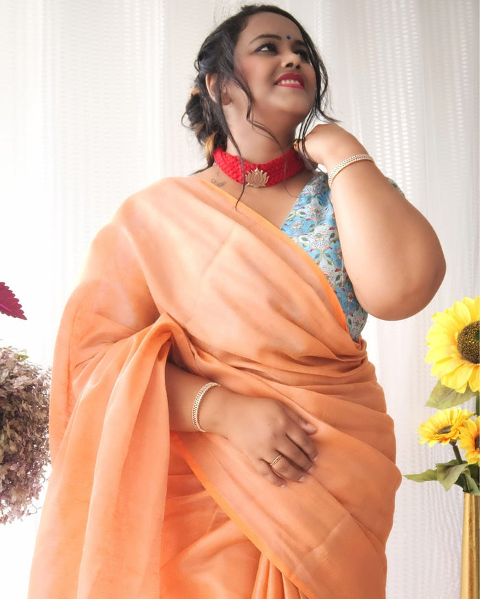 Pure Tissue Linen Hand Dyed Saree – Peach & Orange with Blouse