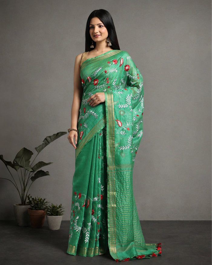 Indiehaat | Silk Linen Embroidered Green Saree