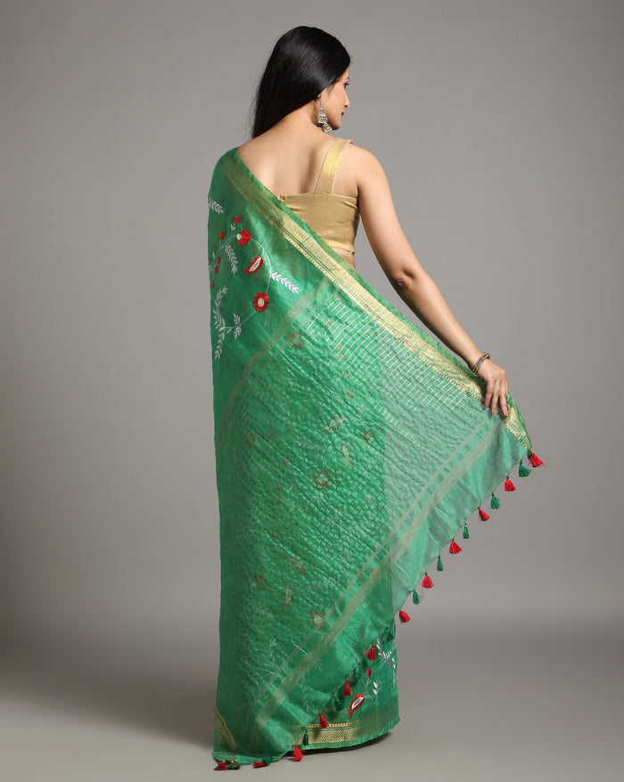 Indiehaat | Silk Linen Embroidered Green Saree