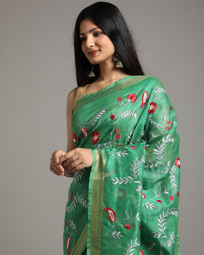Indiehaat | Silk Linen Embroidered Green Saree