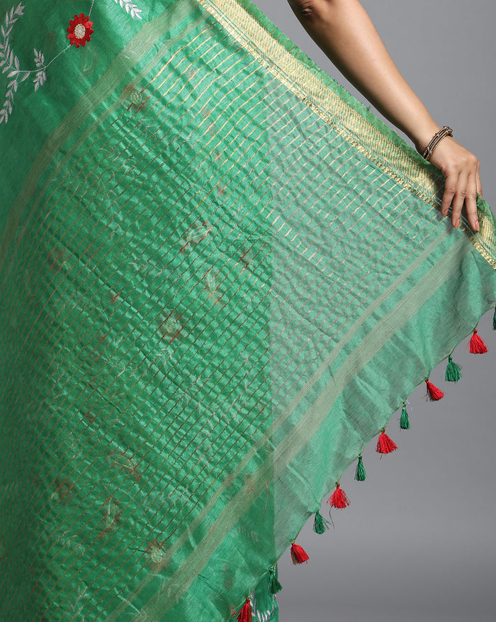 Indiehaat | Silk Linen Embroidered Green Saree