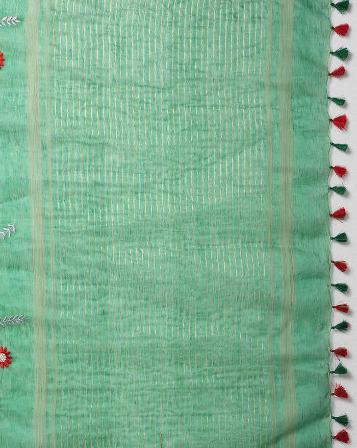 Indiehaat | Silk Linen Embroidered Green Saree