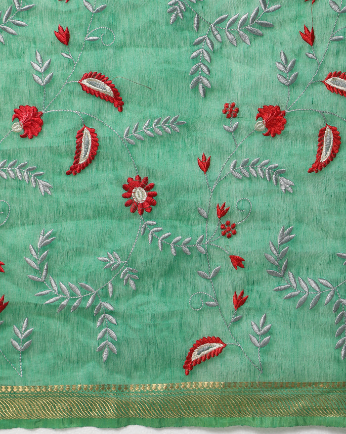Indiehaat | Silk Linen Embroidered Green Saree