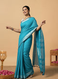 Buy Serene Slub Linen Blue Saree Online | Hand Dyed