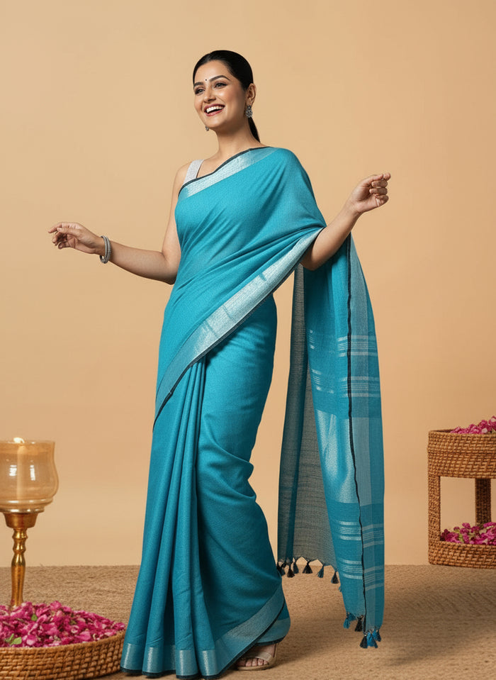 Buy Serene Slub Linen Blue Saree Online | Hand Dyed