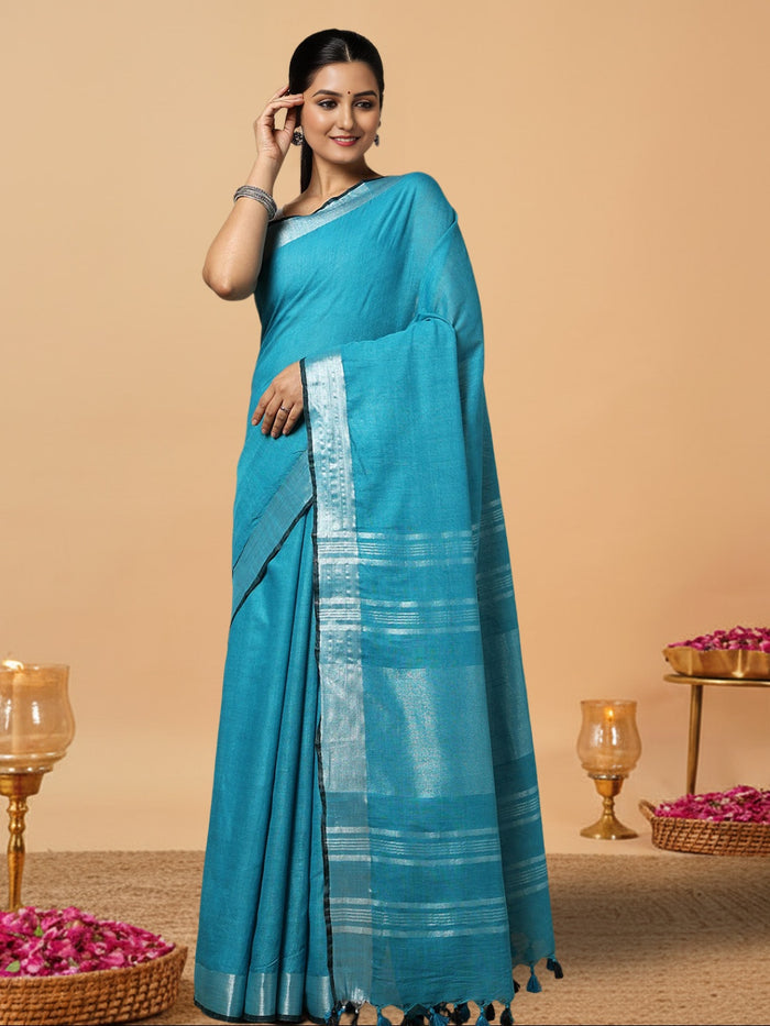Buy Serene Slub Linen Blue Saree Online | Hand Dyed