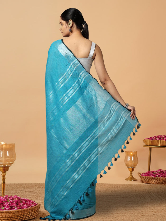Buy Serene Slub Linen Blue Saree Online | Hand Dyed