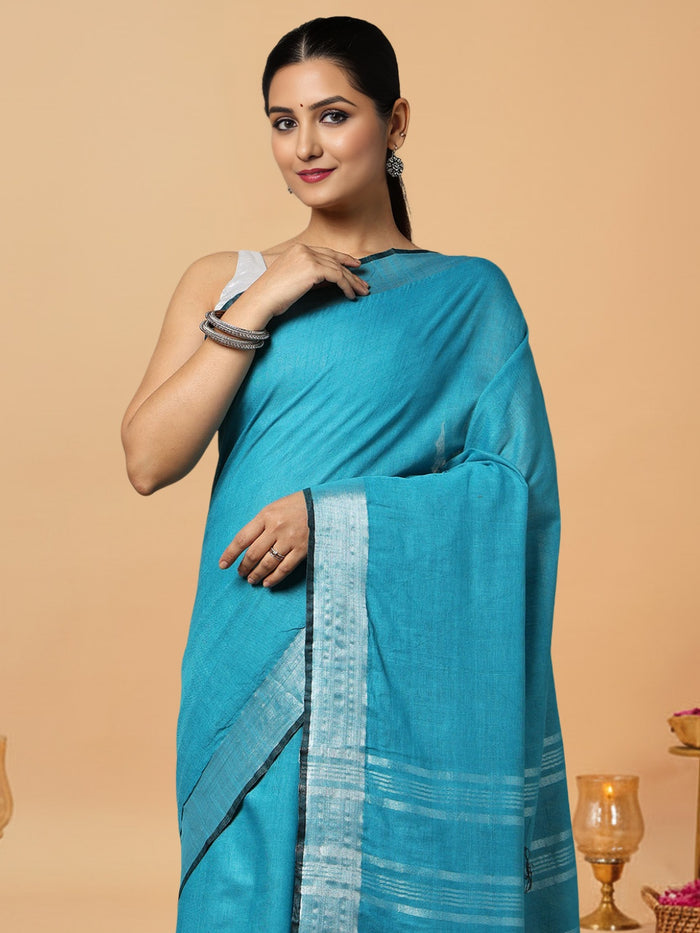 Buy Serene Slub Linen Blue Saree Online | Hand Dyed