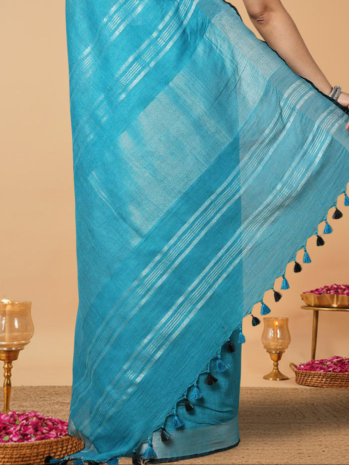 Buy Serene Slub Linen Blue Saree Online | Hand Dyed