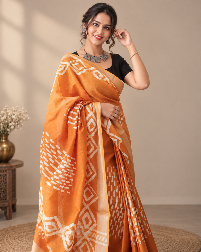 Buy Serene Slub Linen Wax Batik Saree Online