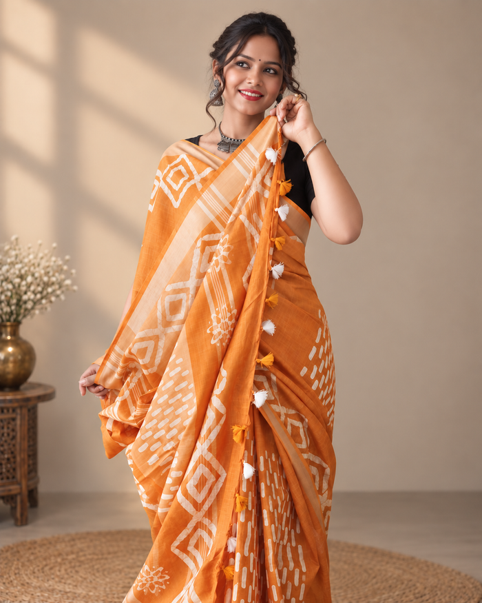 Buy Serene Slub Linen Wax Batik Saree Online