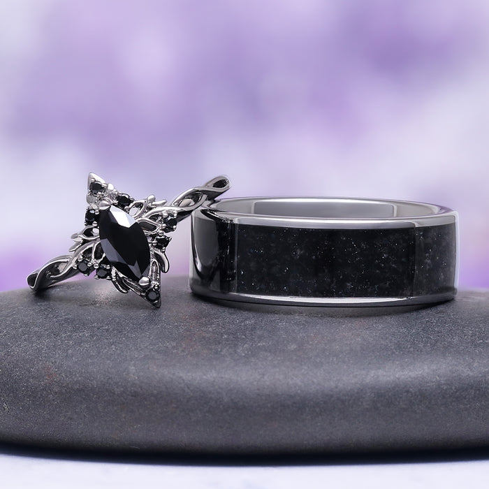 Shadow Queen Black Onyx Couples Ring Set by Aquamarise featuring black onyx gemstone with a silver filigree design and matching sleek black inlay band for his and hers promise rings.