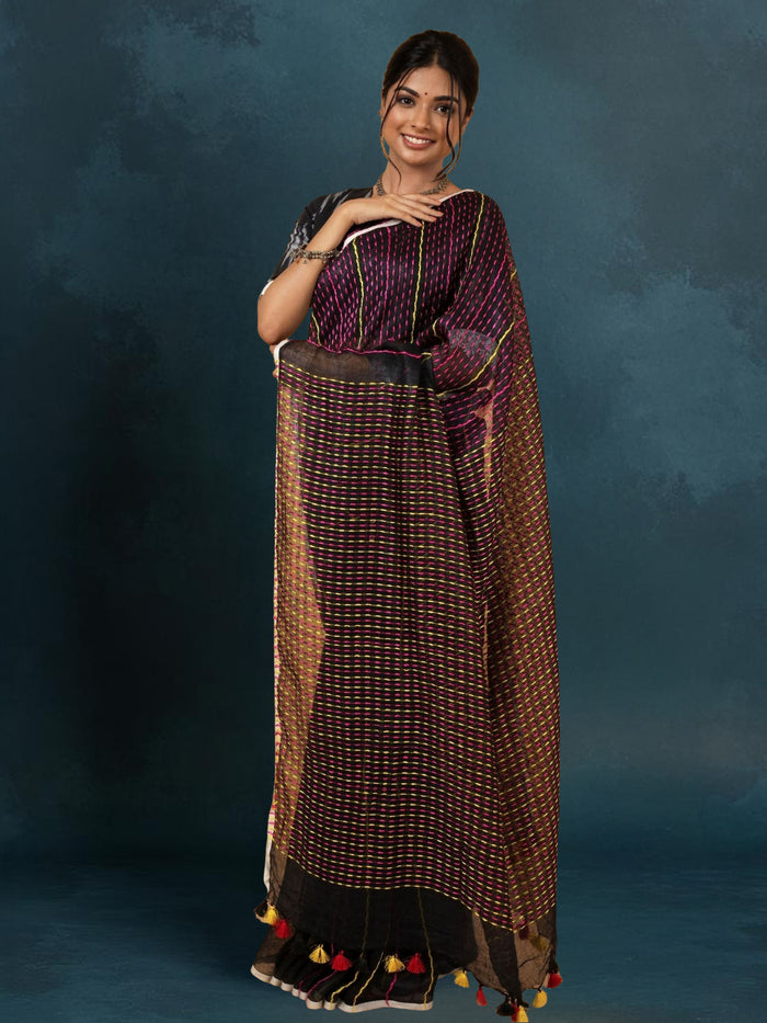 Shining Pure Linen Kantha Work Saree Black
