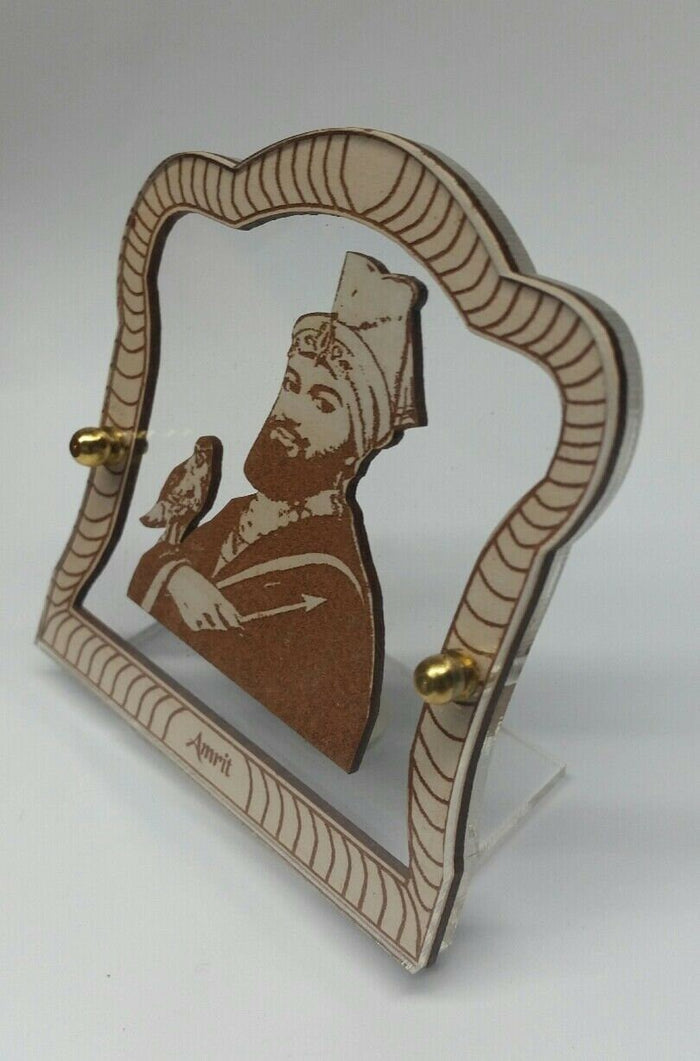 Sikh Guru Gobind singh Wood Carved Photo Car Dashboard Desktop Stand Mantle item